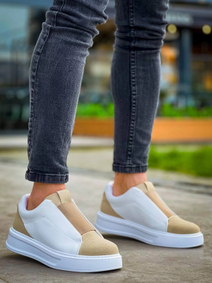 Kb-007 Kuback Beyaz Bej Yüksek Taban Tek Bant Bağcıksız Günlük Erkek Ayakkabı (Numara: 43)