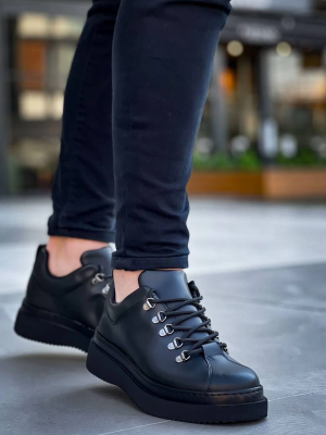 Kb-X4 Kuback Siyah Cilt Siyah Yüksek Taban Bağcıklı Günlük Erkek Ayakkabı (Numara: 43)