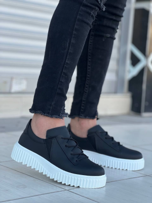 Kb-X502  Kuback Siyah Cilt Yüksek Beyaz Taban Bağcık Detaylı Lastikli Günlük Erkek Ayakkabı (Numara: 43)