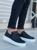 Kb-X502 Kuback Siyah Cilt Yüksek Beyaz Taban Bağcık Detaylı Lastikli Günlük Erkek Ayakkabı (Numara: 41)