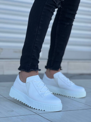 Kb-X502  Kuback Beyaz Cilt Yüksek Beyaz Taban Bağcık Detaylı Lastikli Günlük Erkek Ayakkabı (Numara: 44)