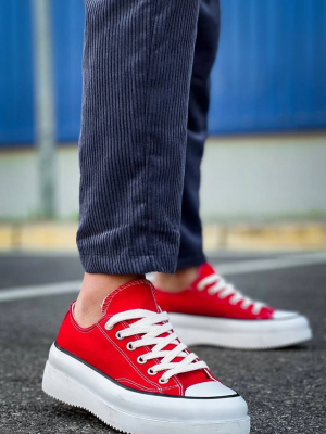 Kb-Cx-3 Kuback Kısa Kırmızı Keten Beyaz Yüksek Taban Spor Ayakkabı (Numara: 42)