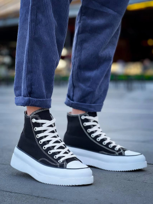 Kb-Cx-3 Kuback Uzun Siyah Keten Beyaz Yüksek Taban Spor Ayakkabı (Numara: 44)