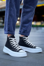 Kb-Cx-3 Kuback Uzun Siyah Keten Beyaz Yüksek Taban Spor Ayakkabı (Numara: 41)