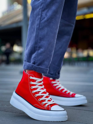 Kb-Cx-3 Kuback Uzun Kırmızı Keten Beyaz Yüksek Taban Spor Ayakkabı (Numara: 41)