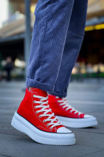 Kb-Cx-3 Kuback Uzun Kırmızı Keten Beyaz Yüksek Taban Spor Ayakkabı (Numara: 40)