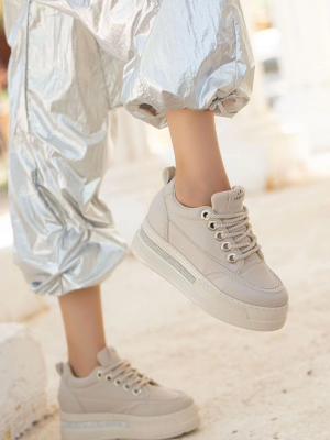 Lulu Bej Cilt Bağcıklı Spor Ayakkabı (Numara: 40)