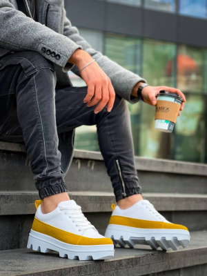 Kb-056 Kuback Beyaz Sarı Detaylı Beyaz Yüksek Taban Günlük Spor Ayakkabı (Numara: 42)