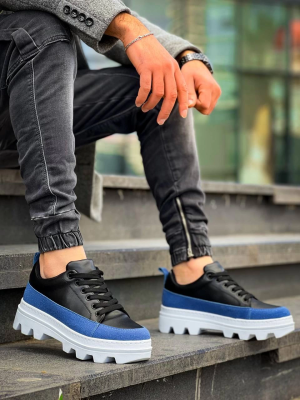 Kb-056 Kuback Siyah Mavi Detaylı Beyaz Yüksek Taban Günlük Spor Ayakkabı (Numara: 42)