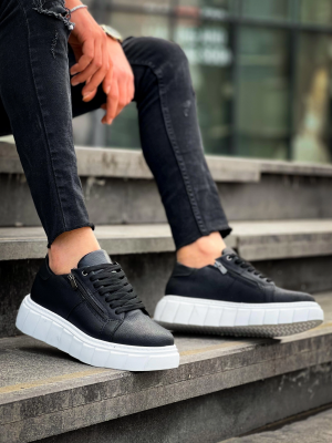 Kb-X155 Kuback Siyah Cilt Detaylı Beyaz Yüksek Taban Günlük Spor Ayakkabı (Numara: 43)