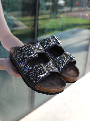 Edaj Kahverengi Nubuk Boncuk İşlemeli Terlik (Numara: 36)