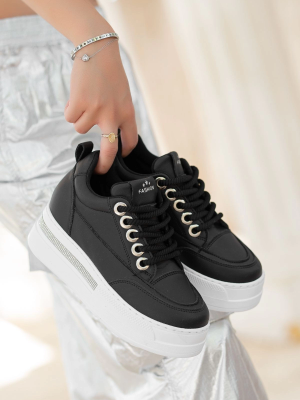 Lulu Siyah Cilt Beyaz Tabanlı Bağcıklı Spor Ayakkabı (Numara: 38)