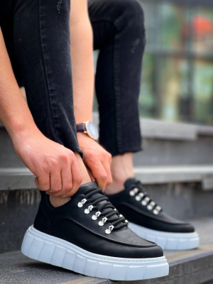 Kb-X10 Kuback Siyah Cilt  Beyaz Yüksek Taban Günlük Spor Ayakkabı (Numara: 42)