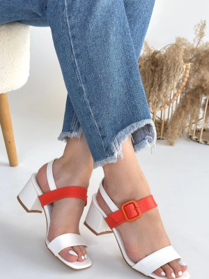 Year Beyaz Cilt Turuncu Detaylı Beyaz Topuklu Ayakkabı (Numara: 39)