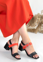 Year Siyah Cilt Turuncu Detaylı Siyah Topuklu Ayakkabı (Numara: 37)