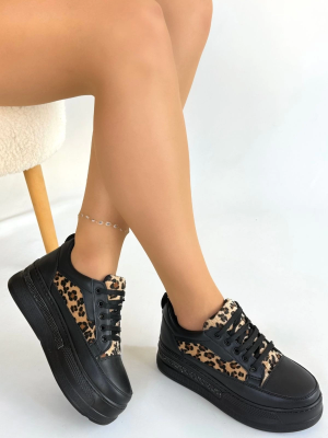 Lorrin Siyah Cilt Leopar Detaylı Bağcıklı Spor Ayakkabı (Numara: 37)