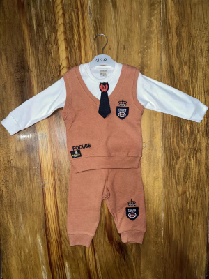 6-24 Aylık Kravatlı Üçlü Takım Kahve (Beden: 12-18)