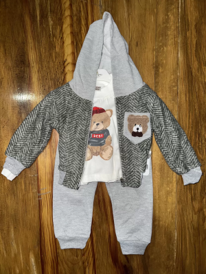 6-24 Aylık Ceketli Kapşonlu Üçlü Takım Gribeyaz (Beden: 0-6)