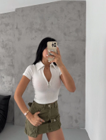 Kaşkorse Yaka Fermuarlı Bluz Beyaz (Beden: L) - Görsel 6