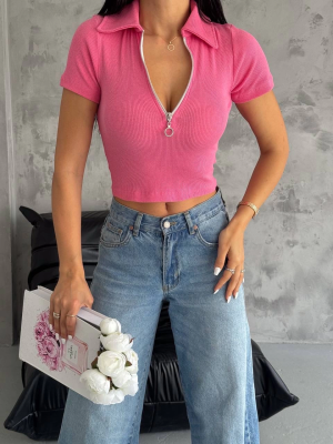 Kaşkorse Yaka Fermuarlı Bluz Fuşya (Beden: L)