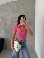 Kaşkorse Yaka Fermuarlı Bluz Fuşya (Beden: L) - Görsel 4