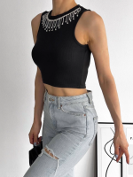 Fitilli Kaşkorse Yakası Zincirli Atlet Siyah (Beden: S) - Görsel 4