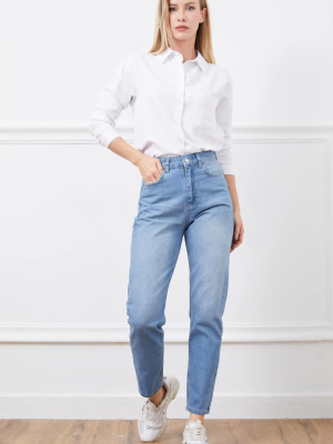 Yüksek Bel Mom Jean Pantolon Mavi (Beden: 36)