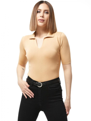 Gömlek Yaka Yazlık Triko Bluz Bej (Beden: Standart)