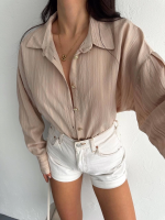 Çizgili Oversize Gömlek Bej (Beden: S) - Görsel 4