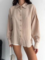 Çizgili Oversize Gömlek Bej (Beden: S) - Görsel 2
