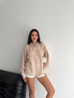 Çizgili Oversize Gömlek Bej (Beden: M) - Görsel 3