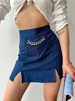 Zincir Detaylı Çizgili Şort Etek Lacivert (Beden: M)