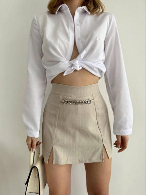 Zincir Detaylı Çizgili Şort Etek Bej (Beden: S)