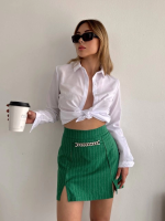 Zincir Detaylı Çizgili Şort Etek Yeşil (Beden: M) - Görsel 2