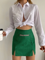 Zincir Detaylı Çizgili Şort Etek Yeşil (Beden: L)