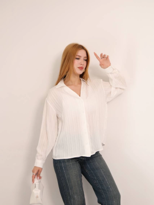 Kendinden Çizgili London Gömlek Beyaz (Beden: M)