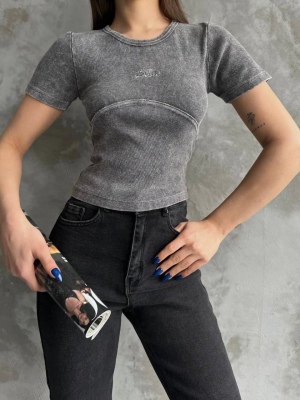 Nakış İşlemeli Asit Yıkamalı Bluz Antrasit (Beden: Standart)