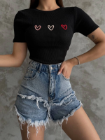 Üçlü Kalp Nakışlı Bluz Siyah (Beden: Standart) - Görsel 4