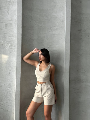 Şortlu Keten Takım S255014 Bej (Beden: Xl)