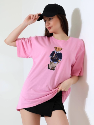 Ayıcıklı Oversize Tişört Pembe (Beden: S)
