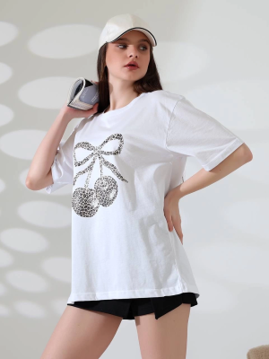 Leopar Desenli Kiraz Baskılı Tişört Beyaz (Beden: Xl)