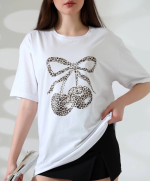 Leopar Desenli Kiraz Baskılı Tişört Beyaz (Beden: Xl) - Görsel 3