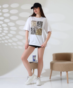 Karma Desenli Oversize Tişört Beyaz (Beden: M) - Görsel 2