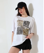 Karma Desenli Oversize Tişört Beyaz (Beden: L)