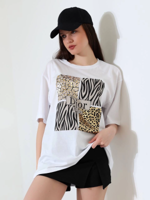 Karma Desenli Oversize Tişört Beyaz (Beden: L)
