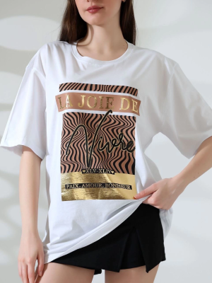 Varak Çizgili Oversize Tişört Beyaz (Beden: M)