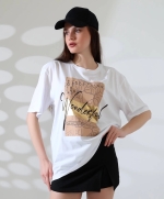 Varak Baskılı İmza Desen Tişört Beyaz (Beden: M)