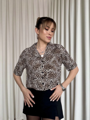 Leopar Desenli Crop Gömlek Kahve (Beden: M)