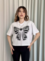 Oversize Beyaz Baskılı Crop Tişört (Beden: L)
