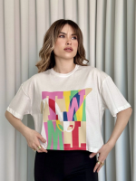 Baskılı Crop Tişört Beyaz (Beden: M)